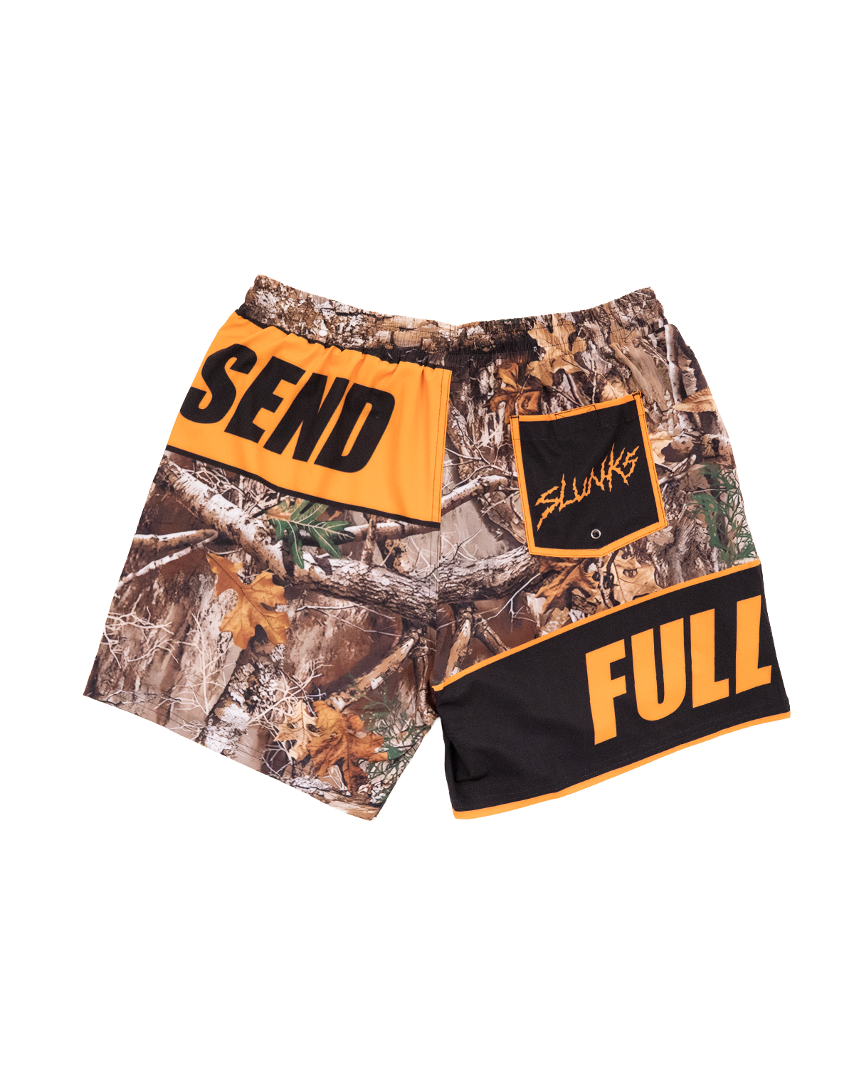 Full Send x Slunks Orange Camo Swim Trunks